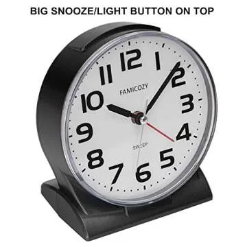 FAMICOZY 4.5" No Ticking Analog Alarm Clock,Silent Readable for Seniors,Easy to Set,Gradual Rise Alarm,Big Numbers,On/Off Switch on Side,Gentle Wake,Snooze Soft Backlight,Battery Operated,Black