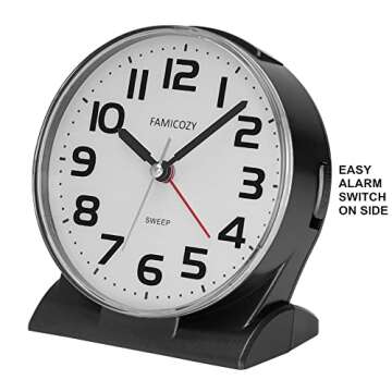 FAMICOZY 4.5" No Ticking Analog Alarm Clock,Silent Readable for Seniors,Easy to Set,Gradual Rise Alarm,Big Numbers,On/Off Switch on Side,Gentle Wake,Snooze Soft Backlight,Battery Operated,Black