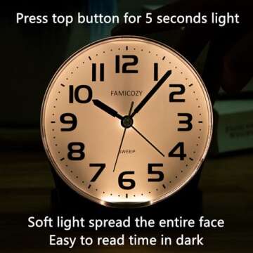 FAMICOZY 4.5" No Ticking Analog Alarm Clock,Silent Readable for Seniors,Easy to Set,Gradual Rise Alarm,Big Numbers,On/Off Switch on Side,Gentle Wake,Snooze Soft Backlight,Battery Operated,Black