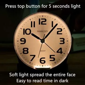 FAMICOZY 4.5" No Ticking Analog Alarm Clock,Silent Readable for Seniors,Easy to Set,Gradual Rise Alarm,Big Numbers,On/Off Switch on Side,Gentle Wake,Snooze Soft Backlight,Battery Operated,Black