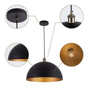Vintage Pendant Light,Industrial pendant light,chandelier17.72 "Industrial Dome Pendant Light black and gold finish lighting fixture line length 78.74" Kitchen island, bedroom, hallway,farmhouse