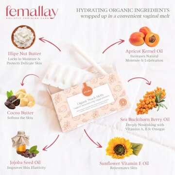 Femallay Organic Vaginal Moisturizing Suppository Melts - 100% Natural Suppositories for Vaginal Odor and Dryness Relief, Ultra-Hydrating Fast-Acting Comfort (Peach)