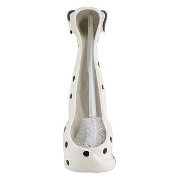 Allure Home Creation Dalmatian Dog White & Black 2-Piece Ceramic Toilet Brush Holder w/White Plastic Handled Scrub Brush, 9.4” x 5.3” x 16.7”