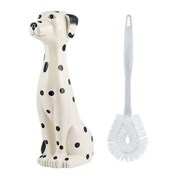 Allure Home Creation Dalmatian Dog White & Black 2-Piece Ceramic Toilet Brush Holder w/White Plastic Handled Scrub Brush, 9.4” x 5.3” x 16.7”