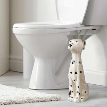 Allure Home Creation Dalmatian Dog White & Black 2-Piece Ceramic Toilet Brush Holder w/White Plastic Handled Scrub Brush, 9.4” x 5.3” x 16.7”