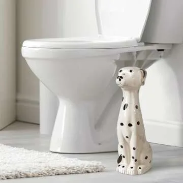 Allure Home Creation Dalmatian Dog White & Black 2-Piece Ceramic Toilet Brush Holder w/White Plastic Handled Scrub Brush, 9.4” x 5.3” x 16.7”