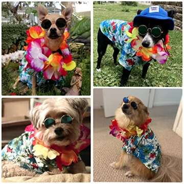 3 Pieces Pet Dog Hawaiian Costume, Includes Puppy Cool T-Shirts Summer Clothes, Funny Cute Dog Retro Fashion Sunglasses and a Colorful Wreath for Small to Medium pet(Green Series)