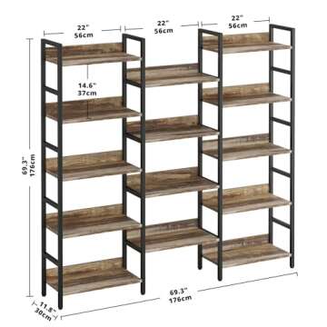 IRONCK Bookcases and Bookshelves Triple Wide 5 Tiers Industrial Bookshelf with Baffles Large Etagere Bookshelf with Metal Frame for Living Room Home Office
