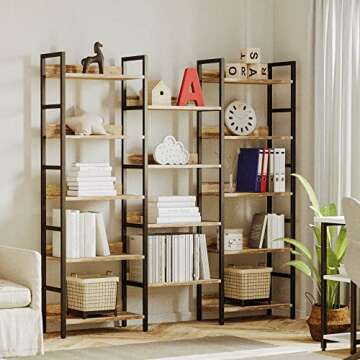 IRONCK Bookcases and Bookshelves Triple Wide 5 Tiers Industrial Bookshelf with Baffles Large Etagere Bookshelf with Metal Frame for Living Room Home Office