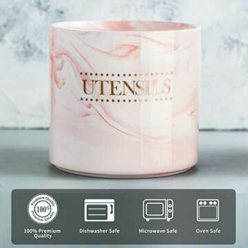 LYEOBOH Kitchen Utensil Holder for Countertop, Large Ceramic Crock, Modern Farmhouse Decor Porcelain Utensil Caddy, Marble Kitchen Organizer for Cooking Tools, Pink