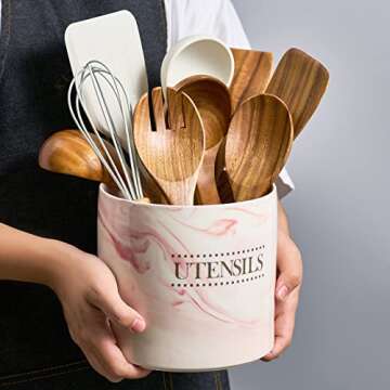 LYEOBOH Kitchen Utensil Holder for Countertop, Large Ceramic Crock, Modern Farmhouse Decor Porcelain Utensil Caddy, Marble Kitchen Organizer for Cooking Tools, Pink