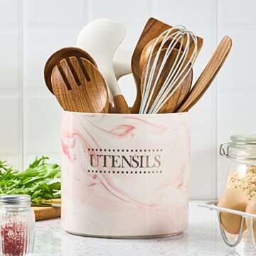 LYEOBOH Kitchen Utensil Holder for Countertop, Large Ceramic Crock, Modern Farmhouse Decor Porcelain Utensil Caddy, Marble Kitchen Organizer for Cooking Tools, Pink