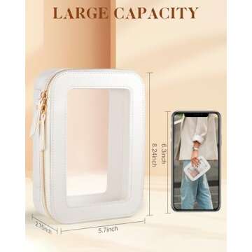 XUGUXA Clear Makeup Bag, Travel Toiletry Organizer with Zipper, Portable Leather Cosmetic Case with Handle, TSA Approved Transparent Make Up Storage Bags, Car Essentials for Women Gift (Medium White)