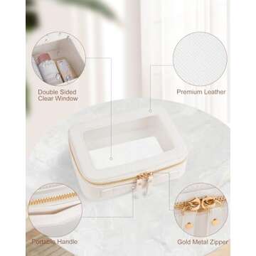 XUGUXA Clear Makeup Bag, Travel Toiletry Organizer with Zipper, Portable Leather Cosmetic Case with Handle, TSA Approved Transparent Make Up Storage Bags, Car Essentials for Women Gift (Medium White)