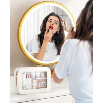 XUGUXA Clear Makeup Bag, Travel Toiletry Organizer with Zipper, Portable Leather Cosmetic Case with Handle, TSA Approved Transparent Make Up Storage Bags, Car Essentials for Women Gift (Medium White)