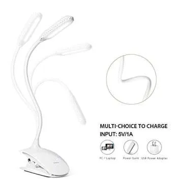 Raniaco Led Clip Reading Book Light Daylight 16 LEDs USB Rechargeable Reading Lamp-3 Brightness,Touch Switch Bedside Book Light with Good Eye Protection Brightness (White)