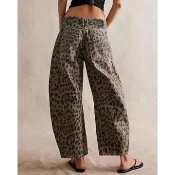 Kedera Women's Baggy Wide Leg Jeans - Vintage Leopard Print Denim Pants