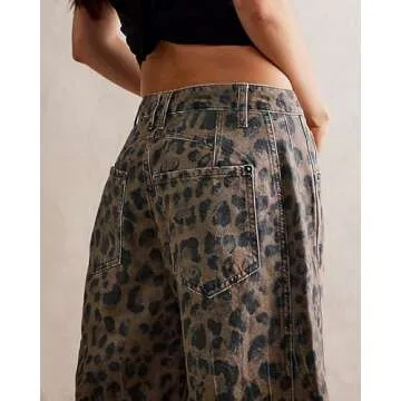 Kedera Women's Leopard Print Wide Leg Boyfriend Jeans