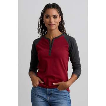 Fair Indigo Women's Organic Pima Cotton Raglan Sleeve Henley (S, Charcoal/Bonfire)
