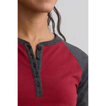 Fair Indigo Women's Organic Pima Cotton Raglan Sleeve Henley (S, Charcoal/Bonfire)