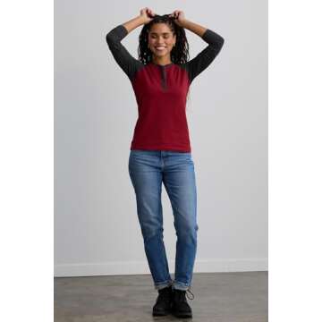 Fair Indigo Women's Organic Pima Cotton Raglan Sleeve Henley (S, Charcoal/Bonfire)