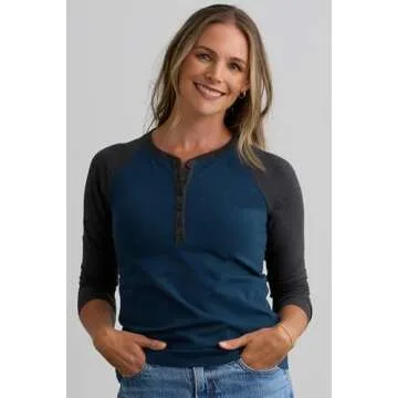 Fair Indigo Women's Organic Pima Cotton Raglan Sleeve Henley (S, Charcoal/Bonfire)