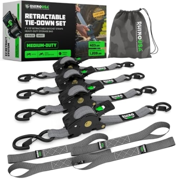 Rhino USA Retractable Ratchet Straps (4-Pack) - 1 Inch x 10 Feet for Secure Cargo Transport