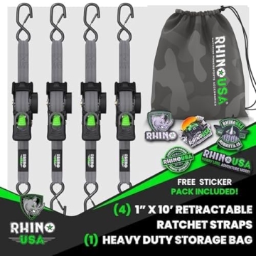 Rhino USA Heavy Duty Retractable Ratchet Straps 4-Pack