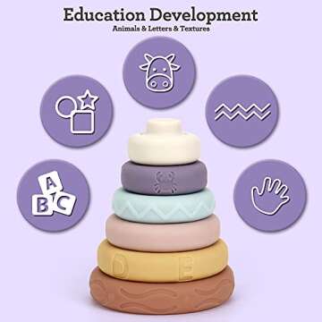 Mini Tudou 6 PCS Baby Girl Toy Stacking & Nesting Toys, Soft Stacking Blocks Ring Stacker, Baby Sensory Teethers Toys w/Letter, Animal and Shape, Early Learning Toys for Babies Toddlers Kids 6 Months