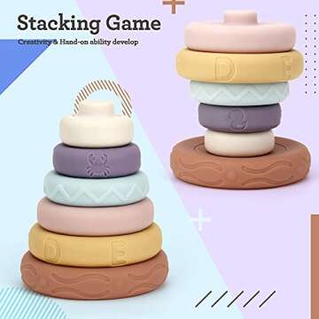 Mini Tudou 6 PCS Baby Girl Toy Stacking & Nesting Toys, Soft Stacking Blocks Ring Stacker, Baby Sensory Teethers Toys w/Letter, Animal and Shape, Early Learning Toys for Babies Toddlers Kids 6 Months