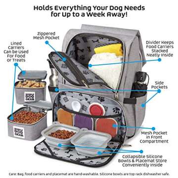 Mobile Dog Gear, Ultimate Week Away Backpack, Includes 2 Food Carriers and 2 Collapsible Silicone Bowls, Heathered Gray