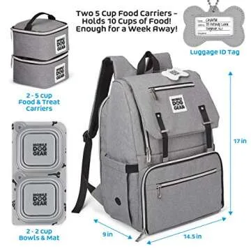 Mobile Dog Gear, Ultimate Week Away Backpack, Includes 2 Food Carriers and 2 Collapsible Silicone Bowls, Heathered Gray