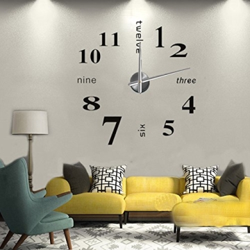Arabic Numerals Time Large Size Modern DIY Frameless 3D Big Mirror Surface Wall Clock Watches Home Living Room Bedroom Office Decoration Self-Adhesive Wall Sticker Decor (MQ-005-Black)