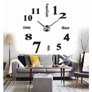 Arabic Numerals Time Large Size Modern DIY Frameless 3D Big Mirror Surface Wall Clock Watches Home Living Room Bedroom Office Decoration Self-Adhesive Wall Sticker Decor (MQ-005-Black)