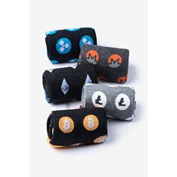 Crypto Currency 5 Pair Gift Set Variety Pack - Bitcoin, Ethereum, Monero, Litecoin, Ripple - Carded Cotton Cryptocurrency Novelty Crew Dress Socks (UNISEX)