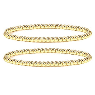 Reoxvo 14k Gold Plated Brass Adjustable Beaded Ball Charm Bracelets Set for Women Dainty Gold Layere...