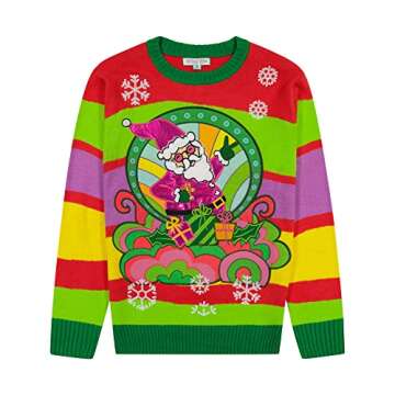Holiday Hype Men's Festive Ugly Christmas Holiday Party Pull Over Sweater, Retro Santa Poster, Large