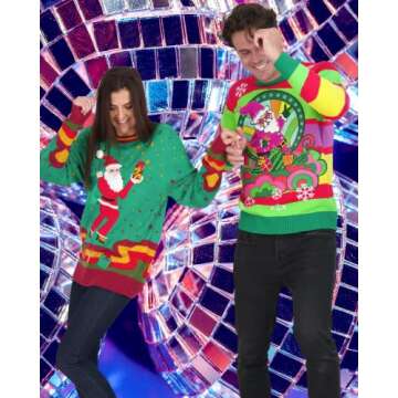 Holiday Hype Men's Festive Ugly Christmas Holiday Party Pull Over Sweater, Retro Santa Poster, Large
