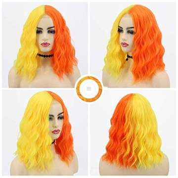 Nnzes Short Bob Wavy Curly Wig Synthetic Cosplay Bob Wig Shoulder Length Hair for Black Women Middle Part Cosplay Heat Resistant Wigs Yellow and Orange Hair