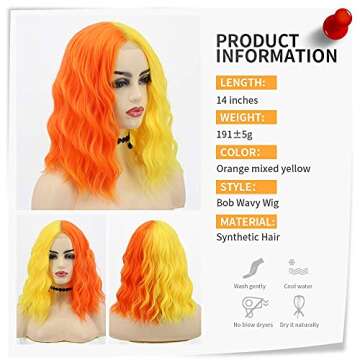 Nnzes Short Bob Wavy Curly Wig Synthetic Cosplay Bob Wig Shoulder Length Hair for Black Women Middle Part Cosplay Heat Resistant Wigs Yellow and Orange Hair
