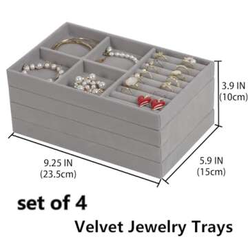 Set of 4 Stackable Jewelry Trays Organizer, Velvet Earring Organizer, Jewelry Organizer Showcase Dis...