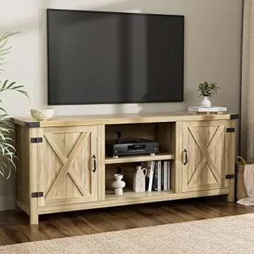 YESHOMY Modern Farmhouse TV Stand with Two Barn Doors and Storage Cabinets for Televisions up to 65+ Inch, Entertainment Center Console Table, Media Furniture for Living Room, 58 Inch, White Oak