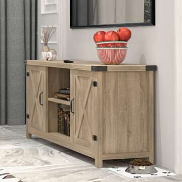 YESHOMY Modern Farmhouse TV Stand with Two Barn Doors and Storage Cabinets for Televisions up to 65+ Inch, Entertainment Center Console Table, Media Furniture for Living Room, 58 Inch, White Oak