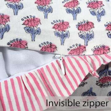 CPC Pink Sapphire Ruffle Throw Pillow Covers for Couch, 24x24 Inch Cotton Stripe Ruffle Couch Pillows for Living Room, Hidden 20 Inch Zipper Boho Pillow Case or Cute Outdoor Pillows