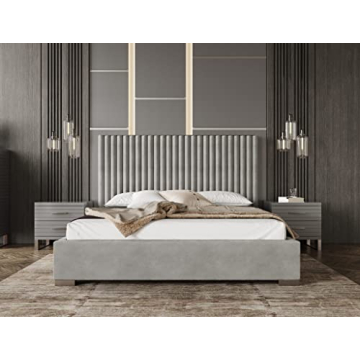 Limari Home Fendor Eastern King Velvet Upholstered Bed - Grey Velvet Fabric, Modern Design, Supports...
