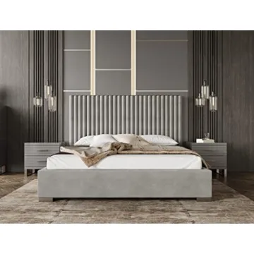 Limari Home Fendor Eastern King Velvet Upholstered Bed - Grey Velvet Fabric, Modern Design, Supports...