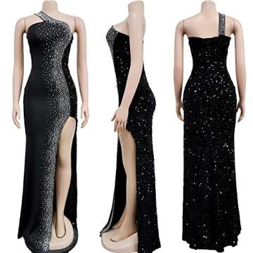 Nagfar Women Rhinestone and Sequin Birthday Party One Shoulder Backless Sleveless Sexy Club Night Out Dress Crop Top Velvet High Slit Clubwear(6365,Red,S)