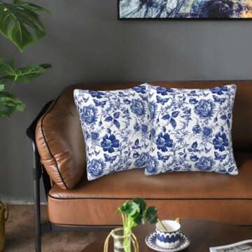Blue and White Porcelain Floral Butterfly Pillow Covers 18x18 in Vintage Chinoiserie Couch Pillow Case Sets of 2 Modern Decorative Square Throw Pillows for Living Room Cushion Outdoor