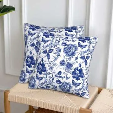 Blue and White Porcelain Floral Butterfly Pillow Covers 18x18 in Vintage Chinoiserie Couch Pillow Case Sets of 2 Modern Decorative Square Throw Pillows for Living Room Cushion Outdoor