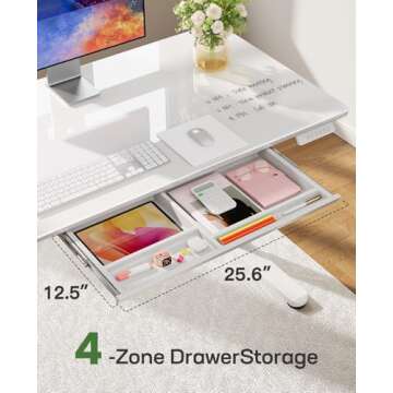 Marsail Glass Electric Standing Desk with Drawer, 40 x 24 Inches Height-Adjustable Desk, One-Piece Tempered Glass Top, Ergonomic Home Office Sit Stand Desk with 4 Preset Heights, White